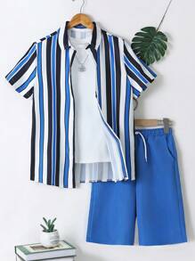 SHEIN 2pcs/Set Tween Boy Striped Short Sleeve Single-Breasted Shirt & Drawstring Waist Shorts, Casual Outfit - Blue - View 1