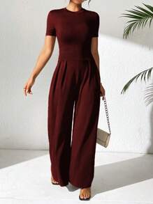 SHEIN PETITE 短袖阔腿女式连体裤 - 酒紅色 - 查看 3