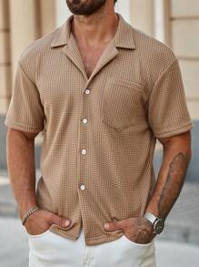 Manfinity Homme 男士夏季休闲纯色纹理短袖衬衫，带口袋，男士夏季衬衫，送给丈夫和男友的礼物，送给朋友