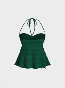Sweetra Women Solid Color Halter Cami Tops Y2K  - Dark Green - View 2