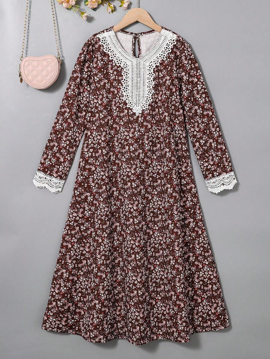 SHEIN Tween Girl Vacation Ditsy Floral Contrast Lace Long Sleeve Casual Dress Young Girls Dresses - Burgundy - View 1
