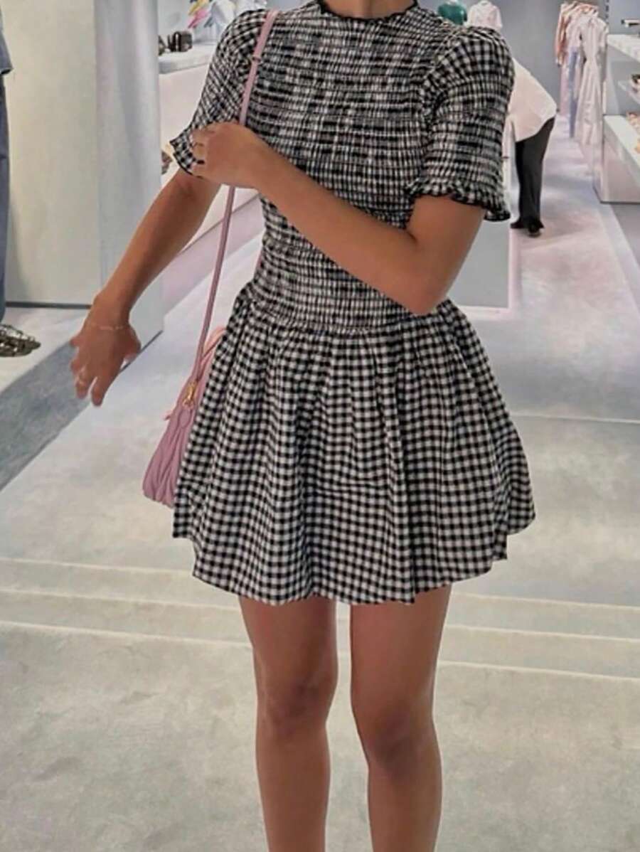 Chiquease Ruffle Hem Plaid Puff Sleeve Mini Dress - Black - View 1