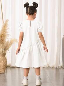 Young Girls' Loose Cute Cap Sleeves Round Neck Asymmetrical Ruffle Hem A-Line Dress - White - View 2