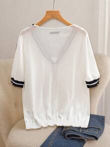 SHEIN LUNE Blusa de punto con mangas cortas y ribete de contraste, tallas grandes, primavera/verano - Blanco - Ver 2