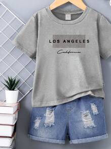 2pcs/Set Young Boy Simple English Letters Print T-Shirt And Ripped Denim Jeans Set - Grey - View 3