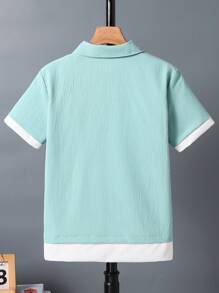 SHEIN Tween Boy's Colorblock Patched Short Sleeve Shirt, Summer - Green - View 2