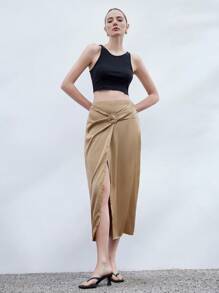 SHEIN Privé High-Quality Elegant Metal Ring Belt Ruched High Waist Side Slit Design Long Skirt Fall Cloth For Women
