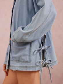 WESTFADE Premium Denim Tie Side Bow Long Sleeve Button Front Shirt Jacket - Light Wash - View 3