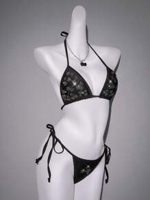 SHEIN ICON Top de bikini de mujer con cuello de halter y adornos de rhinestone, para el verano y las vacaciones en la playa
