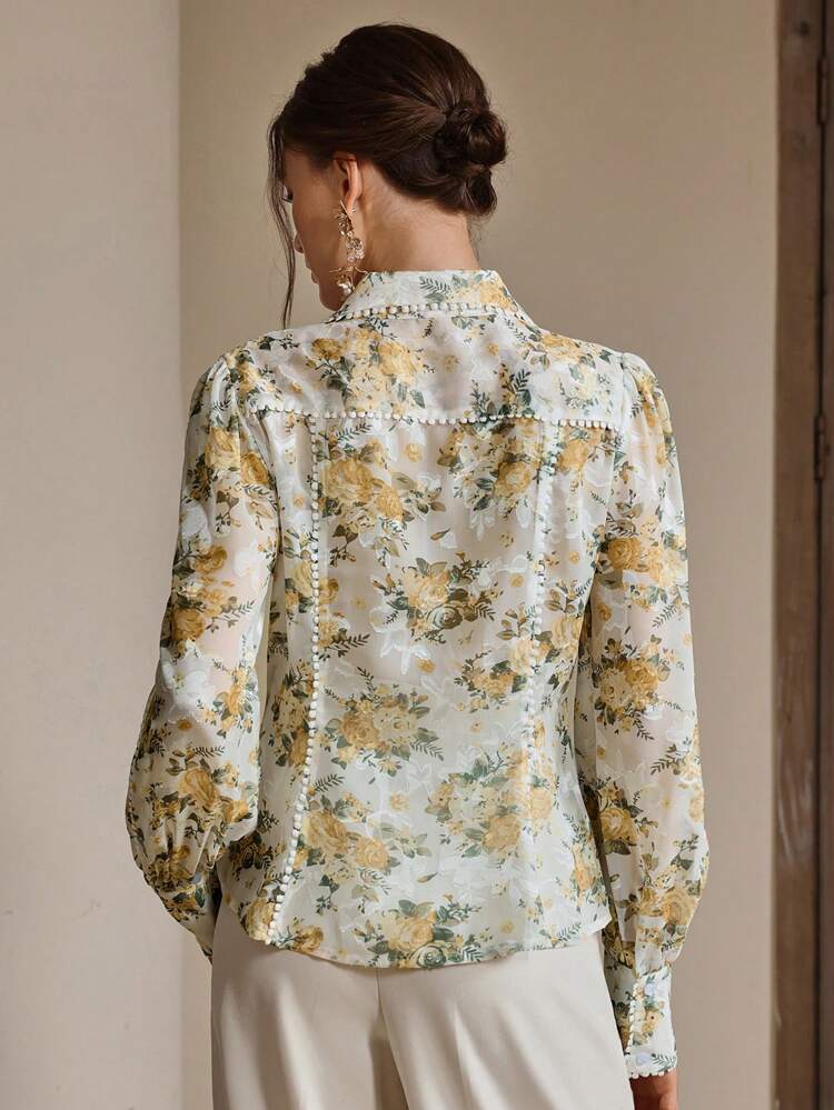 Women's Elegant Floral Cut-Out Print Lantern Sleeve Long Sleeve Blouse Top, Spring,Summer