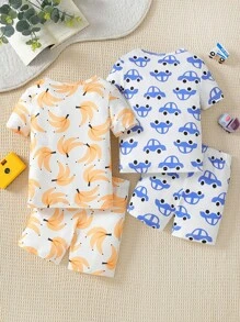 4pcs/Set Boys Cartoon & Banana Allover Print Snug Fit Short Sleeve Top And Shorts Pajama Set - Multicolor - View 2