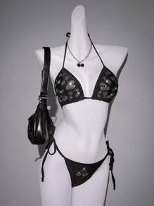 SHEIN ICON Top de bikini de mujer con cuello de halter y adornos de rhinestone, para el verano y las vacaciones en la playa