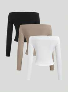 Sweetra Women's Solid Color Long Sleeve Ruched Off Shoulder Blouse - Multicolor - View 2