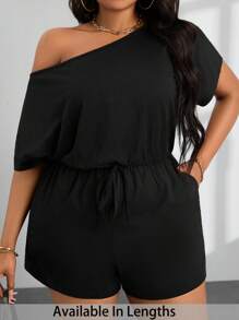 SHEIN PETITE CURVE 女款大尺碼夏季休閒傳統露肩短袖連身褲 正式外出穿著 黑色 - 黑色 - 查看 1
