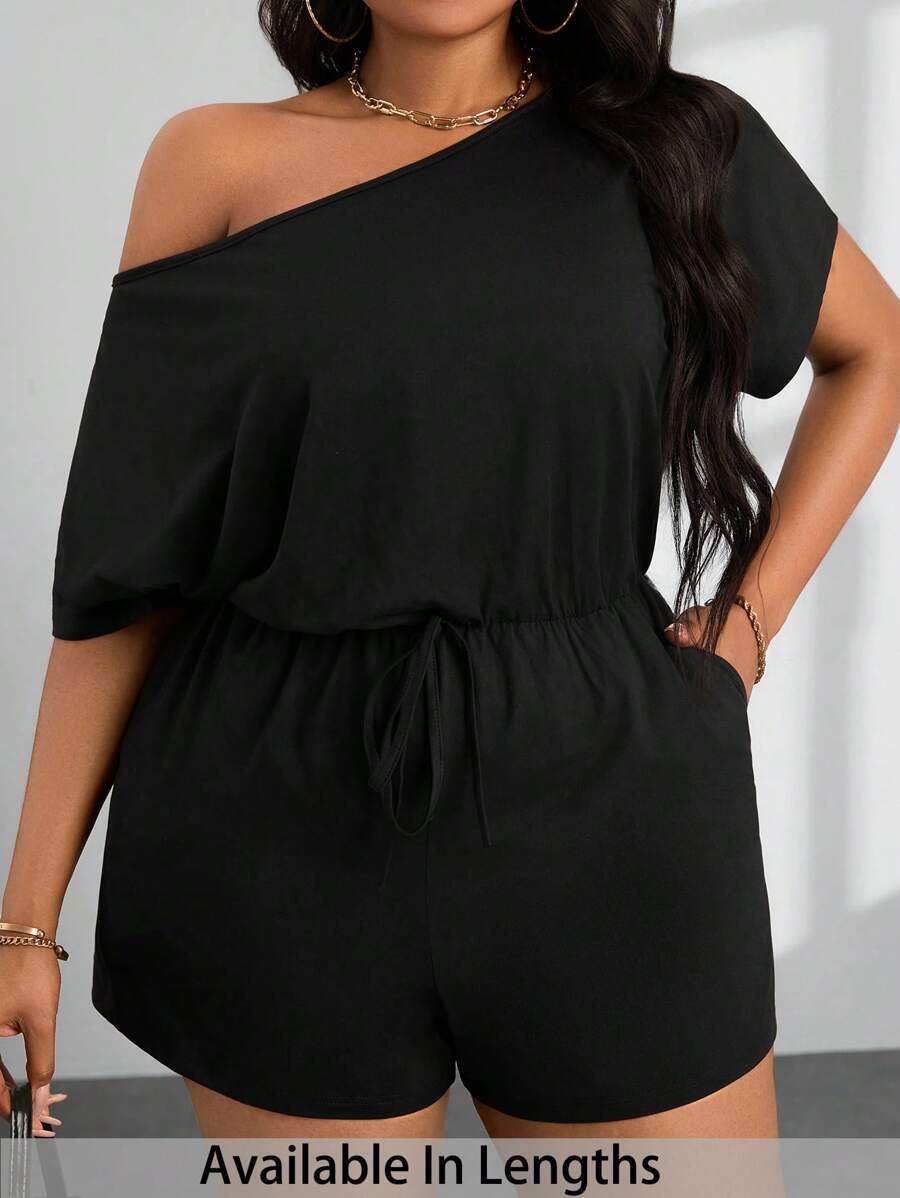 SHEIN PETITE CURVE 女款大尺碼夏季休閒傳統露肩短袖連身褲 正式外出穿著 黑色 - 黑色 - 查看 1