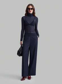 Ontre 2026SS Stockholm Style, Women's Teacher, High Collar Turtleneck Knit Top, Elegant Top, Mesh Long Sleeve Shirt, Business Casual Women's Basic Top Modern Urban Casual Fashion Business Casual Women's Office Wear Low-Key Old Money Style Effortless Temperament Urban Commuting Airport Top Modern Urban Casual Fashion Business Casual Women's Office Wear Low-Key Old Money Style Effortless Temperament High-End Urban Commuting High-Quality Airport Women's Wear High-End Material - Navy Blue - View 4