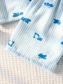 SHEIN 2pcs/Set Young Boy Stripe Car Pattern Short Sleeve Polo Collar Shorts Home Wear Set - Baby Blue - View 8