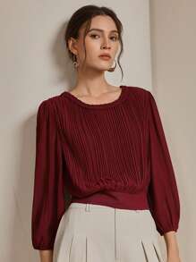 Anewsta 女式针织麻花圆领褶皱灯笼袖修身衬衫，适合春季外出穿着 - 酒紅色 - 查看 3