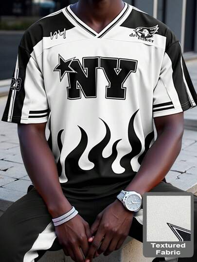 Manfinity LEGND 男士字母五角星印花V领短袖休闲T恤