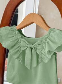 SHEIN LMoss Kids LMoss Babygirl Summer Vacation Cute Solid Color Ruffle Trim Blouse - Green - View 4