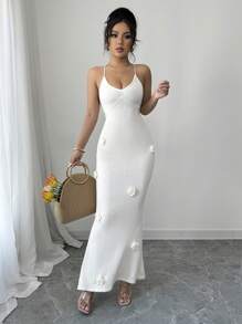 Elenzga 女士度假 3D 花卉透明海滩交叉系带侧裙 - 米色 - 查看 6