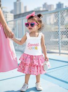 2 件套婴儿/女婴荷叶边肩带甜美字母和糖果印花上衣搭配分层泡泡球裙套装，舒适可爱，适合春、夏、秋季居家和户外 - 彩色 - 查看 4