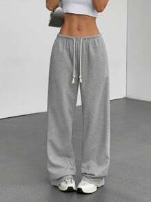 SHEIN Unity 灰色华夫格针织低腰抽绳系带斜口袋直腿阔腿运动裤，超柔软舒适，时尚简约休闲街头服饰，女士春夏