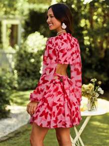 SHEIN VCAY Bộ đồ liền thân cắt nơ in họa tiết thanh lịch dành cho nữ, Váy hồng, Váy hồng nữ, In họa tiết, Váy thanh lịch dành cho nữ - Hồng - Xem 2