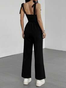 SHEIN PETITE Women's Black Spaghetti Strap Bowknot Jumpsuit, Straight Leg, Long Length, Fashion Minimalist Casual Commuter Daily Versatile, Suitable For Petite Women In Spring And Summer