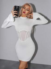 SHEIN ICON Mock Neck Mesh Insert Bodycon Black Dress