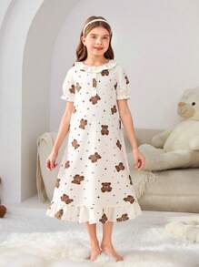 1 Pc Girls Bear Heart Star Print Short Sleeve Sleepwear Dress, Home Wear,Summer,Travel - Multicolor - View 3