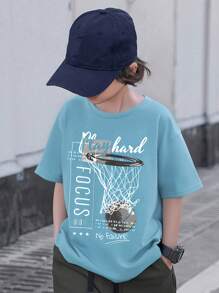 SHEIN Tween Boy Casual Short Sleeve Round Neck T-Shirt, Suitable For Summer - Baby Blue - View 4