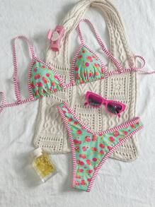 Swim Mod Springbreak Women Summer Random Cherry Print Top & Bottom 2 Pieces Spaghetti Strap Bikini Set, Cute Bathing Suit - Multicolor - View 1