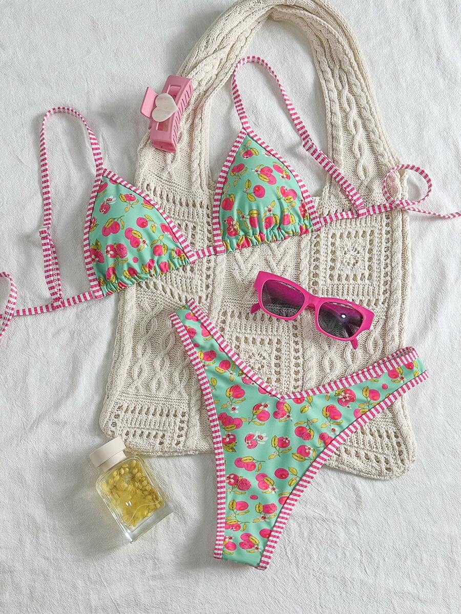 Swim Mod Springbreak Women Summer Random Cherry Print Top & Bottom 2 Pieces Spaghetti Strap Bikini Set, Cute Bathing Suit - Multicolor - View 1