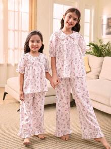 SHEIN Leap Crew Young Girls Floral Pattern Ruffle Collar Puff Sleeve Buttoned Top And Pajama Pants Cute Sweet Loungewear Set, 2 Pieces (2 Sets Sold Separately) - Multicolor - View 5