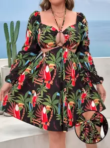 SHEIN LUNE Women's Plus Size Vacation Tropical Floral Print Cutout Lantern Sleeve Sexy Dress Fall Cloth For Women - Black - View 1