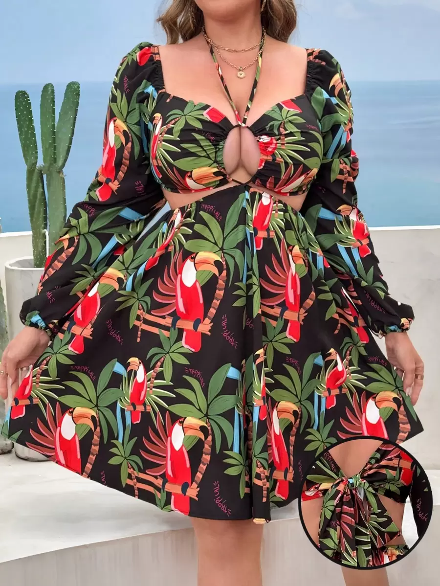 SHEIN LUNE Women's Plus Size Vacation Tropical Floral Print Cutout Lantern Sleeve Sexy Dress Fall Cloth For Women - Black - View 1