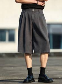 GALLERY FADE 男士纯色褶皱口袋宽松休闲及膝短裤 - 灰色 - 查看 5