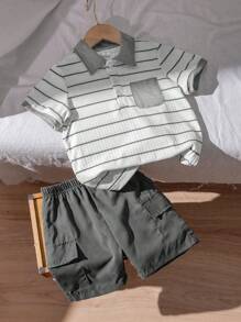 SHEIN 2pcs/Set Young Boy Textured Stripe Polo Collar Outfit - T-Shirt And Pants, Summer
