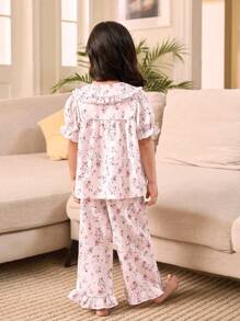 SHEIN Leap Crew Young Girls Floral Pattern Ruffle Collar Puff Sleeve Buttoned Top And Pajama Pants Cute Sweet Loungewear Set, 2 Pieces (2 Sets Sold Separately) - Multicolor - View 3
