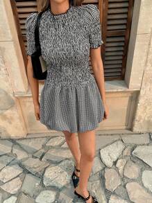 Chiquease Ruffle Hem Plaid Puff Sleeve Mini Dress - Black - View 6