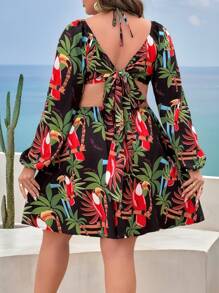 SHEIN LUNE Women's Plus Size Vacation Tropical Floral Print Cutout Lantern Sleeve Sexy Dress Fall Cloth For Women - Black - View 2