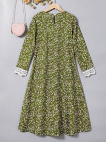 Tween Girls' Spring/Autumn Casual Ditsy Floral Contrast Lace Dress Tween Girls Spring Dresses - Olive Green - View 2