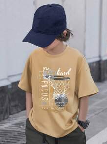 SHEIN Tween Boy Cartoon Pattern Short Sleeve Round Neck T-Shirt, Suitable For Summer - Khaki - View 5