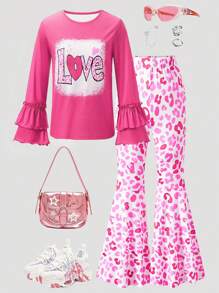 SHEIN 2pcs/Set Girls' Valentine's Day Heart Print T-Shirt And Flare Pants Casual Outfit - Hot Pink - View 1