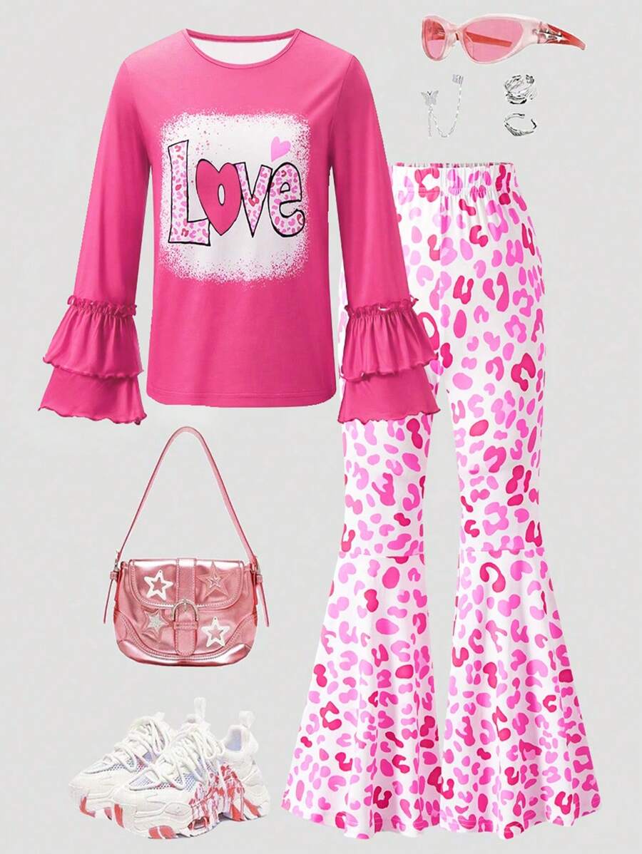 SHEIN 2pcs/Set Girls' Valentine's Day Heart Print T-Shirt And Flare Pants Casual Outfit - Hot Pink - View 1