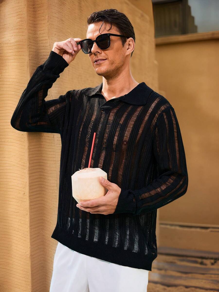 Genlund Suéter minimalista de manga larga y transparente de unicolor para hombre, uso diario casual - Multicolor - Ver 1