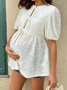SHEIN Maternity Textured Tie Front Puff Sleeve Ruffle Hem Shirt