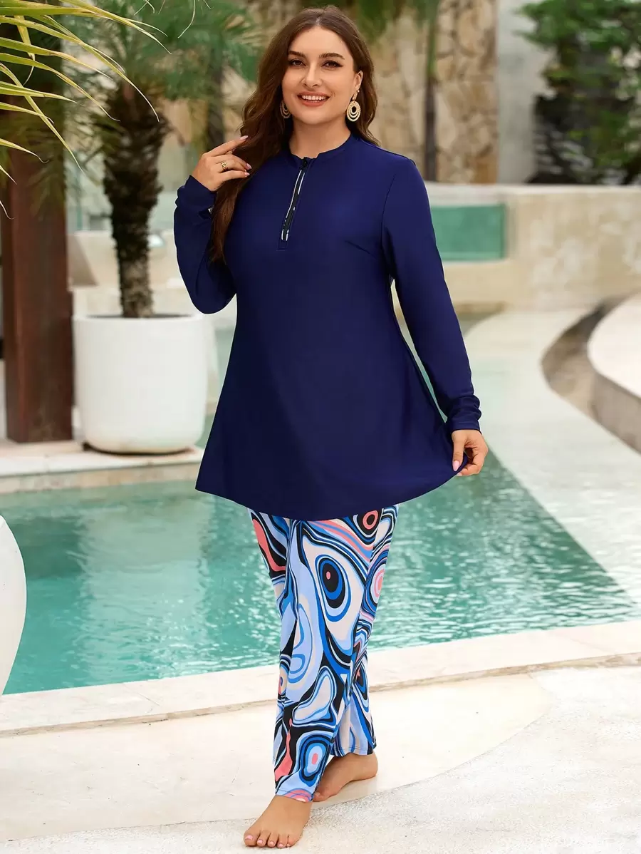 Swim Mulvari 大码女式波西米亚风格开斋节印花布基尼套装，海军蓝拼布不对称图案前拉链设计长袖和长裤朴素泳装，海滩度假休闲