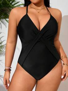 SHEIN Swim Curve 大码女式纯色连体泳衣，休闲度假泳装 - 黑色 - 查看 1